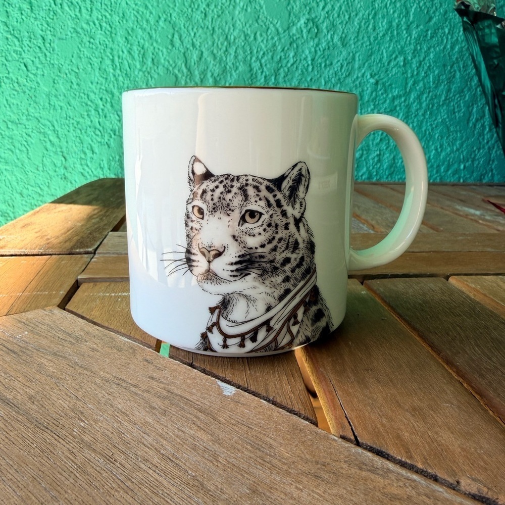 West Elm White Mug with Leopard Design